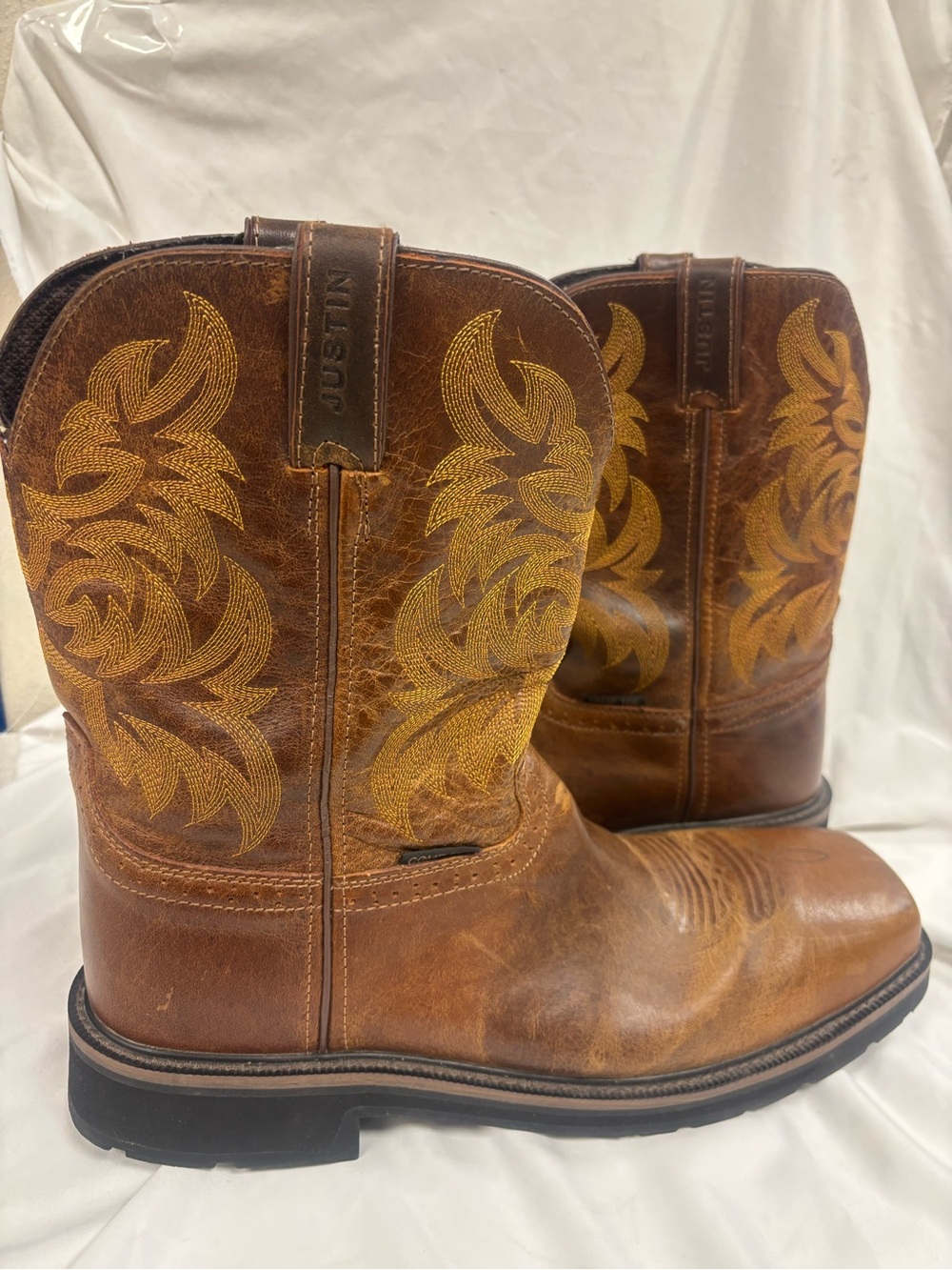 Justin Boots Brown Embroidered Leather Cowboy Work Boots | Size 14EE